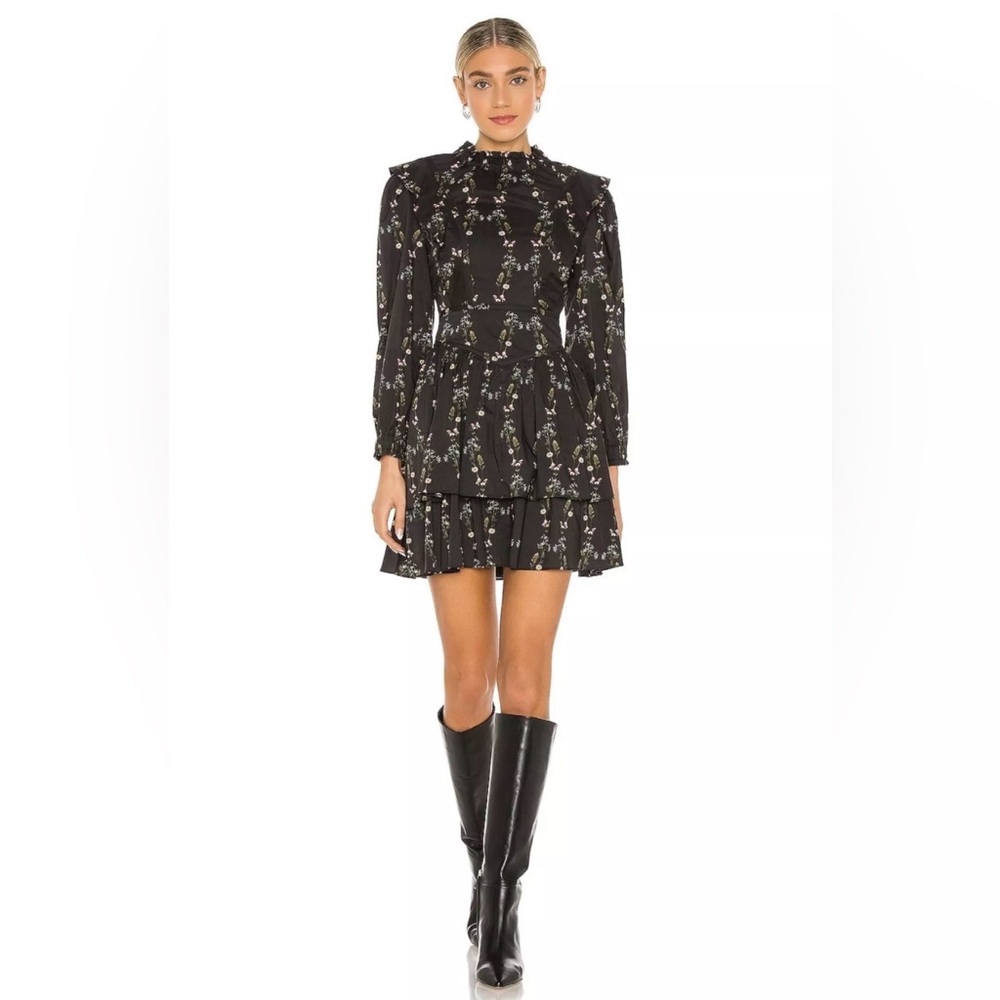 All Saints Aislyn Varanasi Black Floral Print Cotton Flare Mini Dress Size 2 NWT